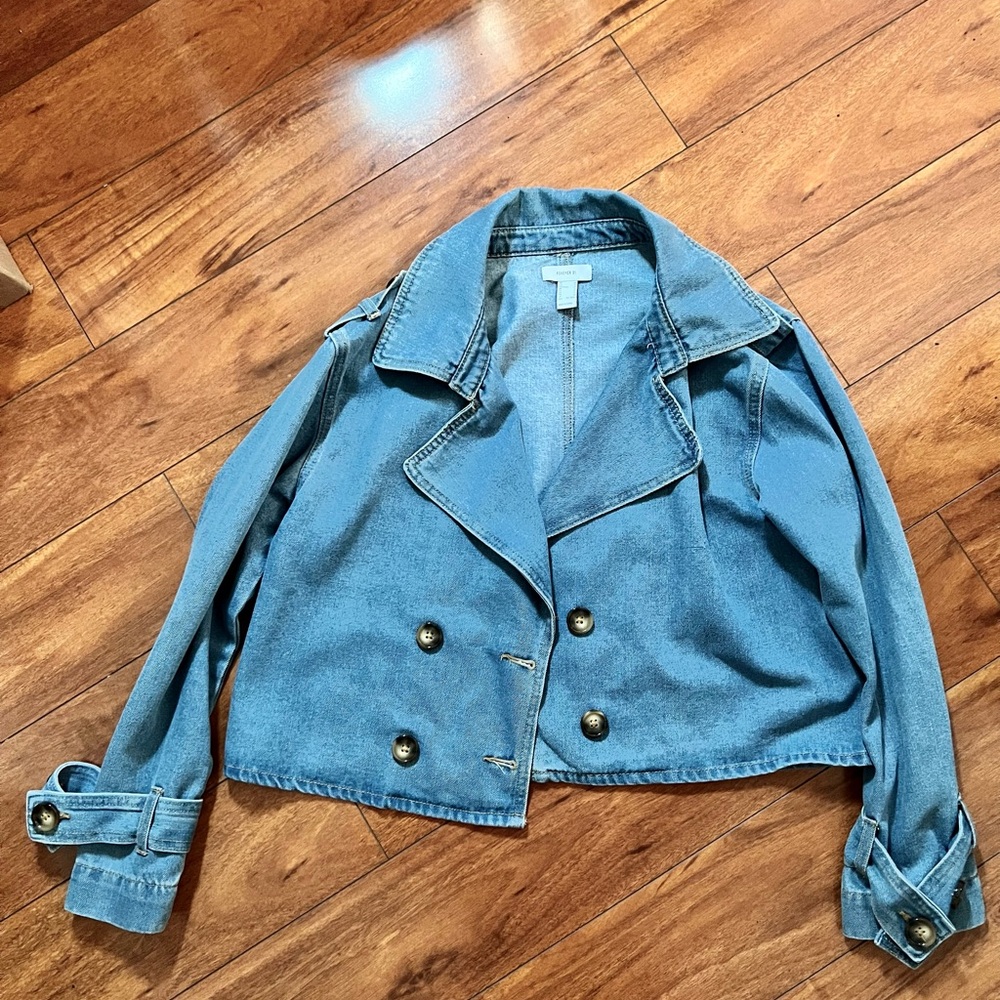 Denim Cropped Trench Coat Jacket